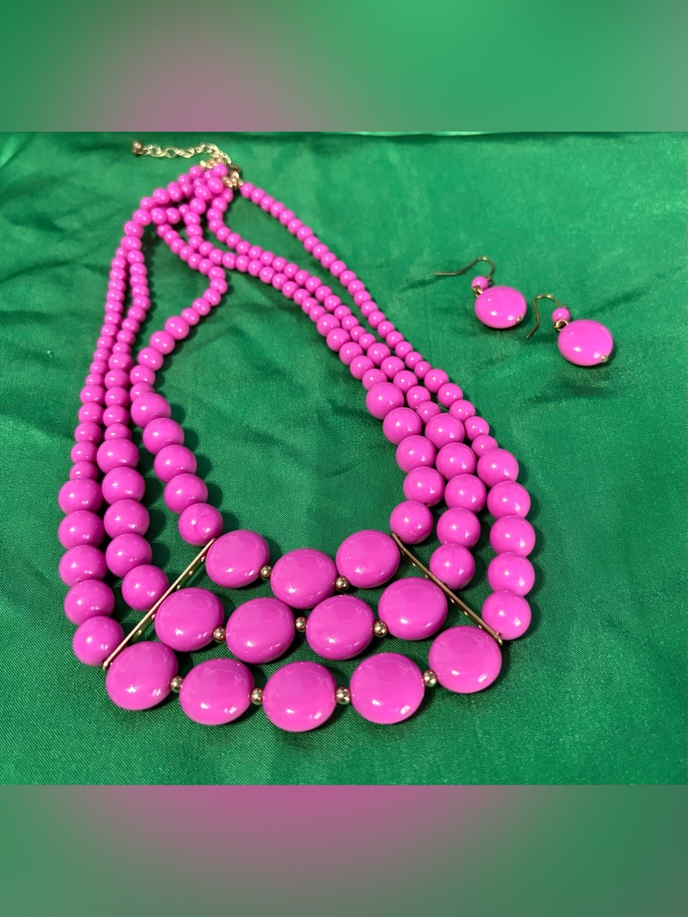 Vintage Fuchsia Multi-Strand Beaded Necklace with Matching Earrings